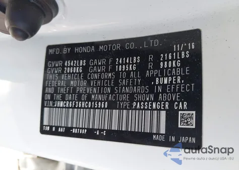 2017 Honda Accord Hybrid from USA, damaged, VIN JHMCR6F36HC015960